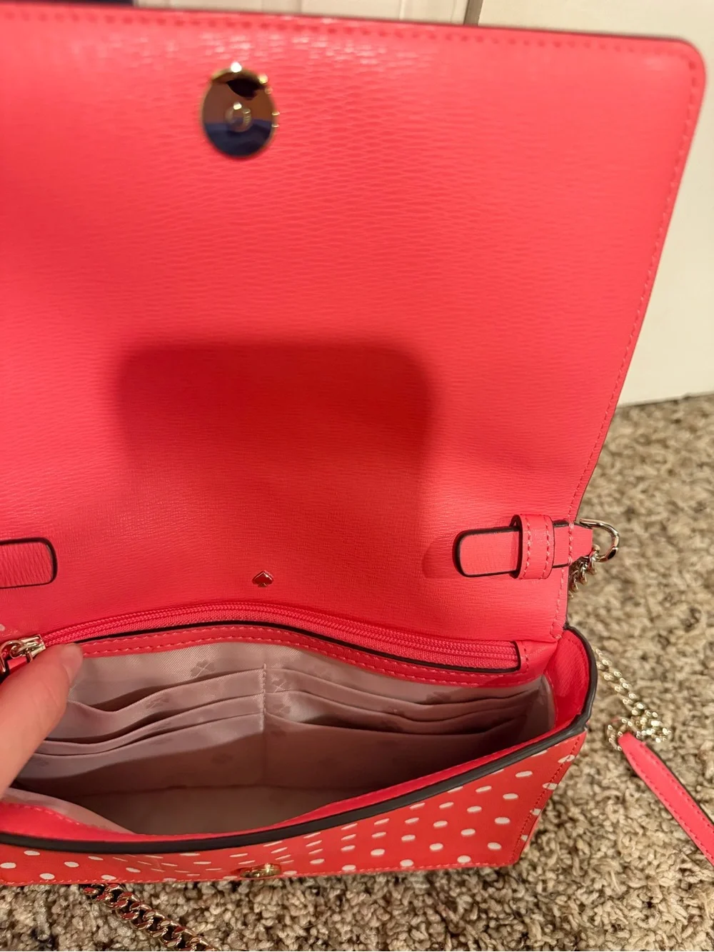 Kate Spade Hot Pink Polka Dot Saffiano Leather Crossbody with Gold Chain